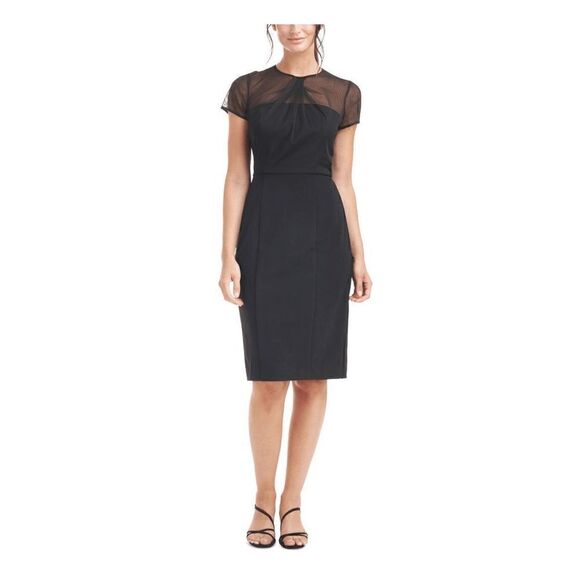JS COLLECTION Women's Black Short Sleeve Illusion Neckline Sheath Dress 2 - Picture 1 of 12